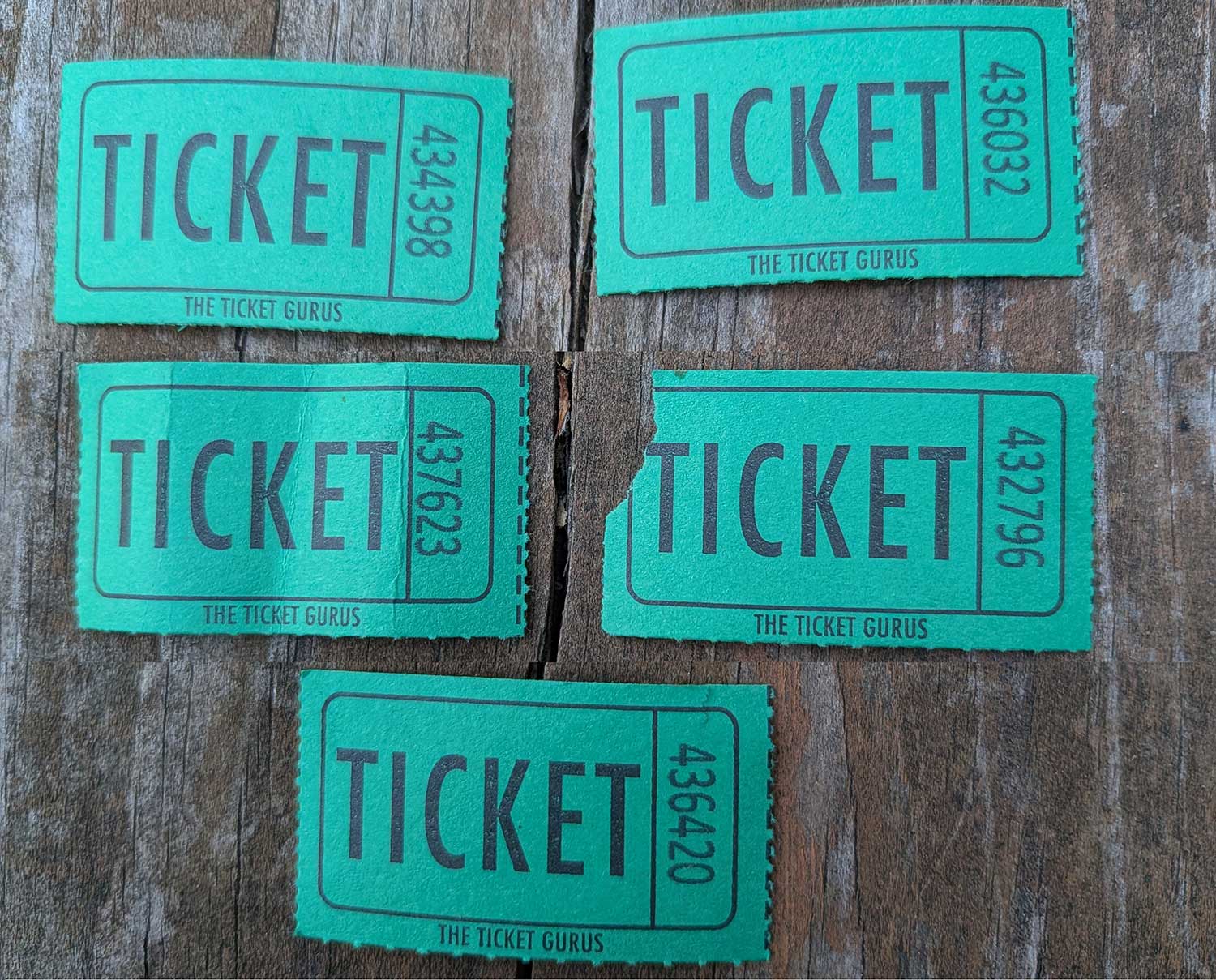 Five raffle tickets, numbers 434398 436032 437623 432796 436420