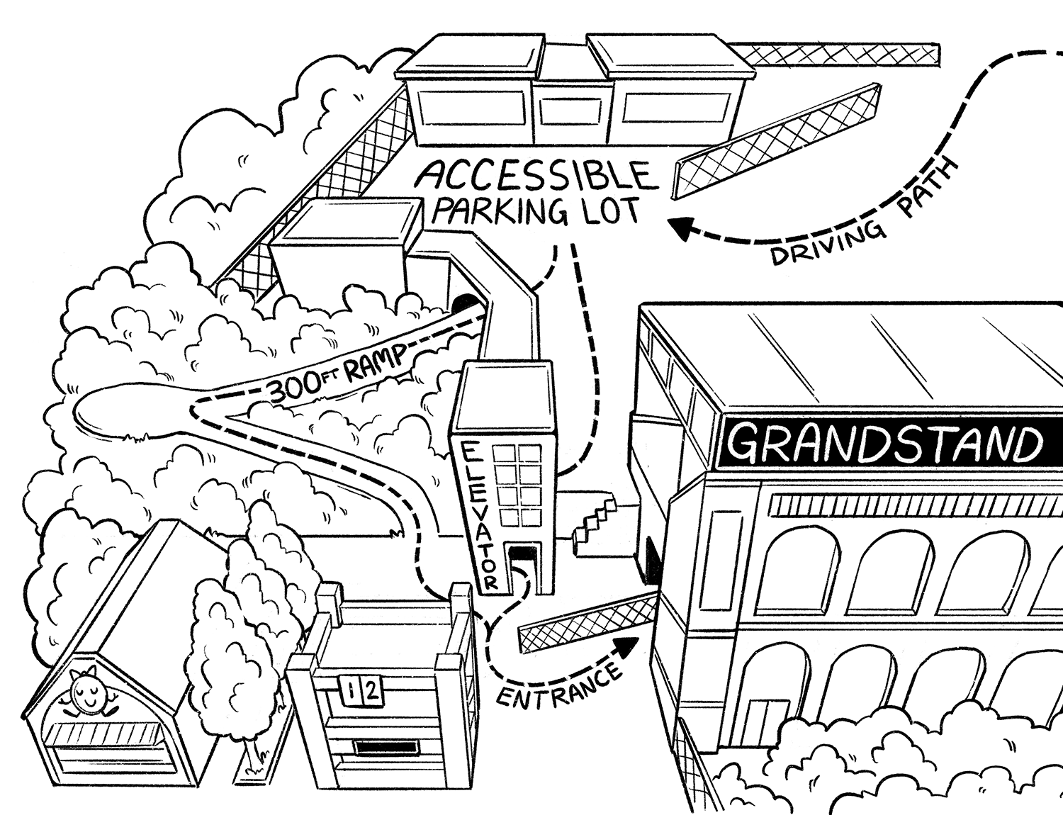Map of new accessible parking area, and route to the grandstand.
