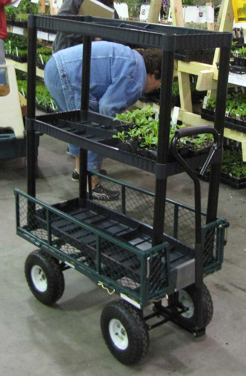 Green garden cart with plastic 3-shelf unit sitting in it