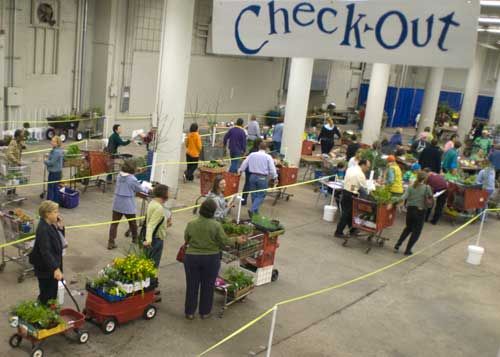 People with their wagons and carts full of plants line up to check out