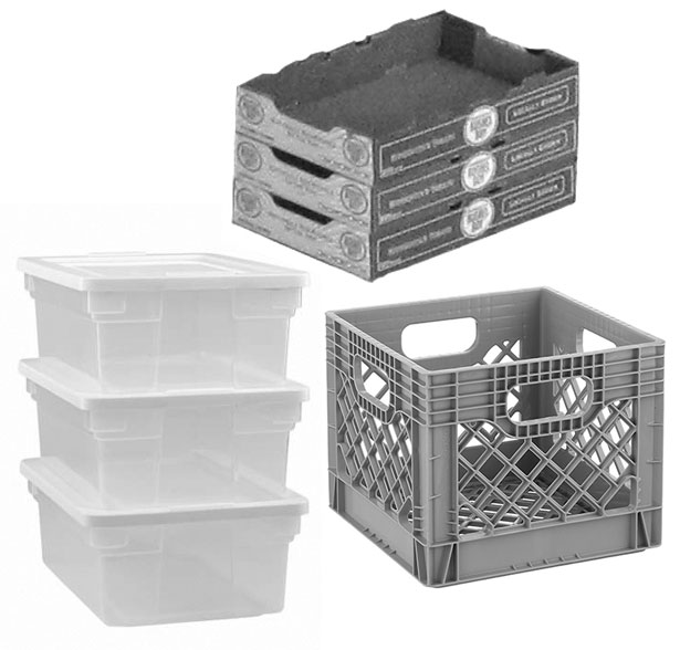 Milk crate, plastic bins, tomato flats