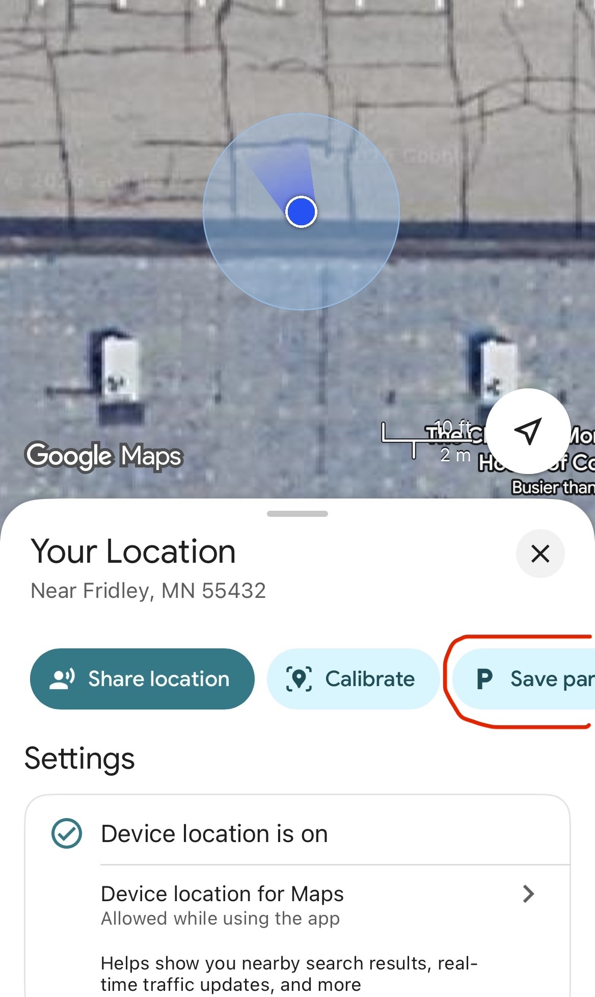 Screenshot of Google Maps showing a menu with different options, including "Save parking", with a red circle around it.