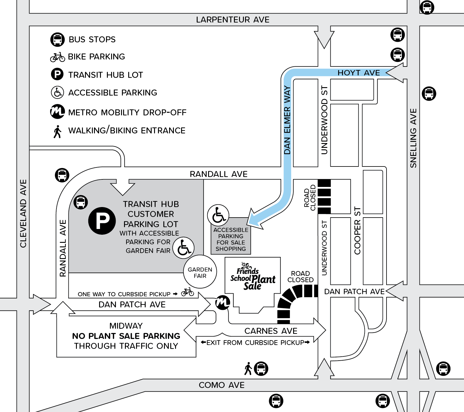 Map of the Minnesota State Fairgrounds, with the route for accessible parking highlighted. Enter the Fairgrounds at Hoyt Avenue. It will turn into Dan Elmer Way, which you will continue on until you reach the accessible lot behind the Grandstand.