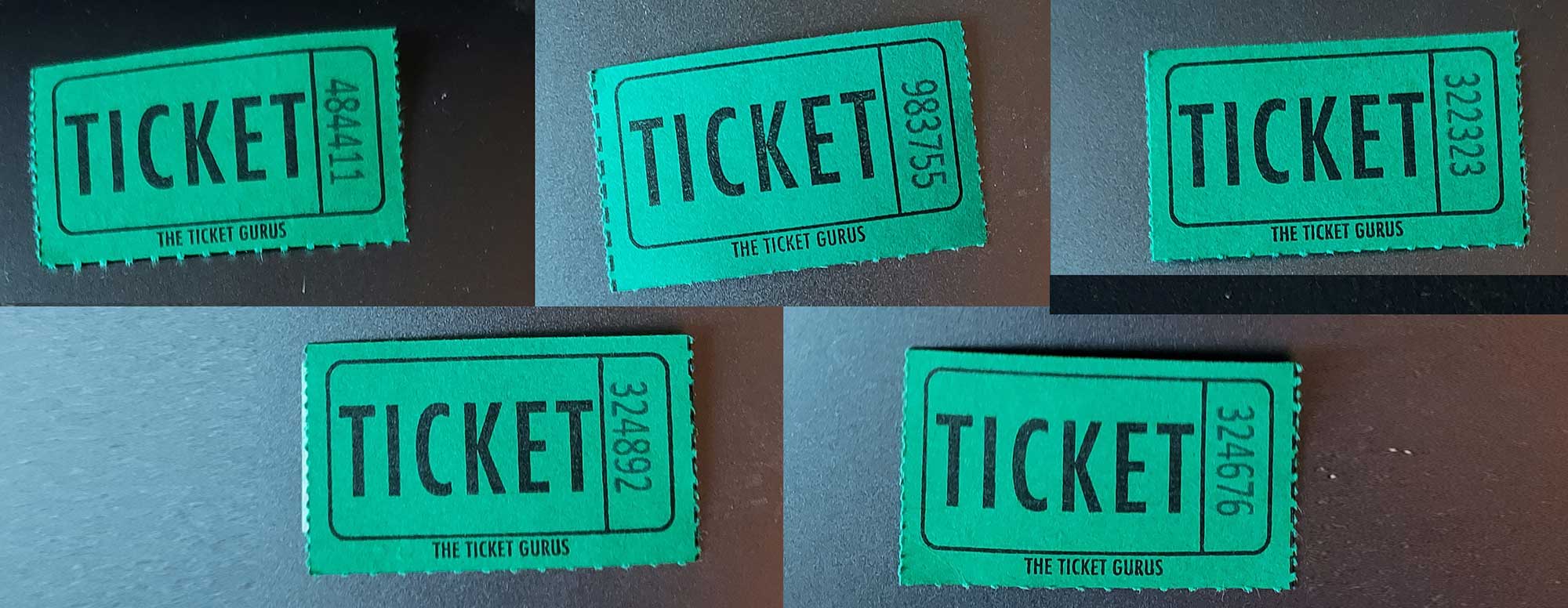 five raffle tickets, number 484411 983755 322323 324892 324676