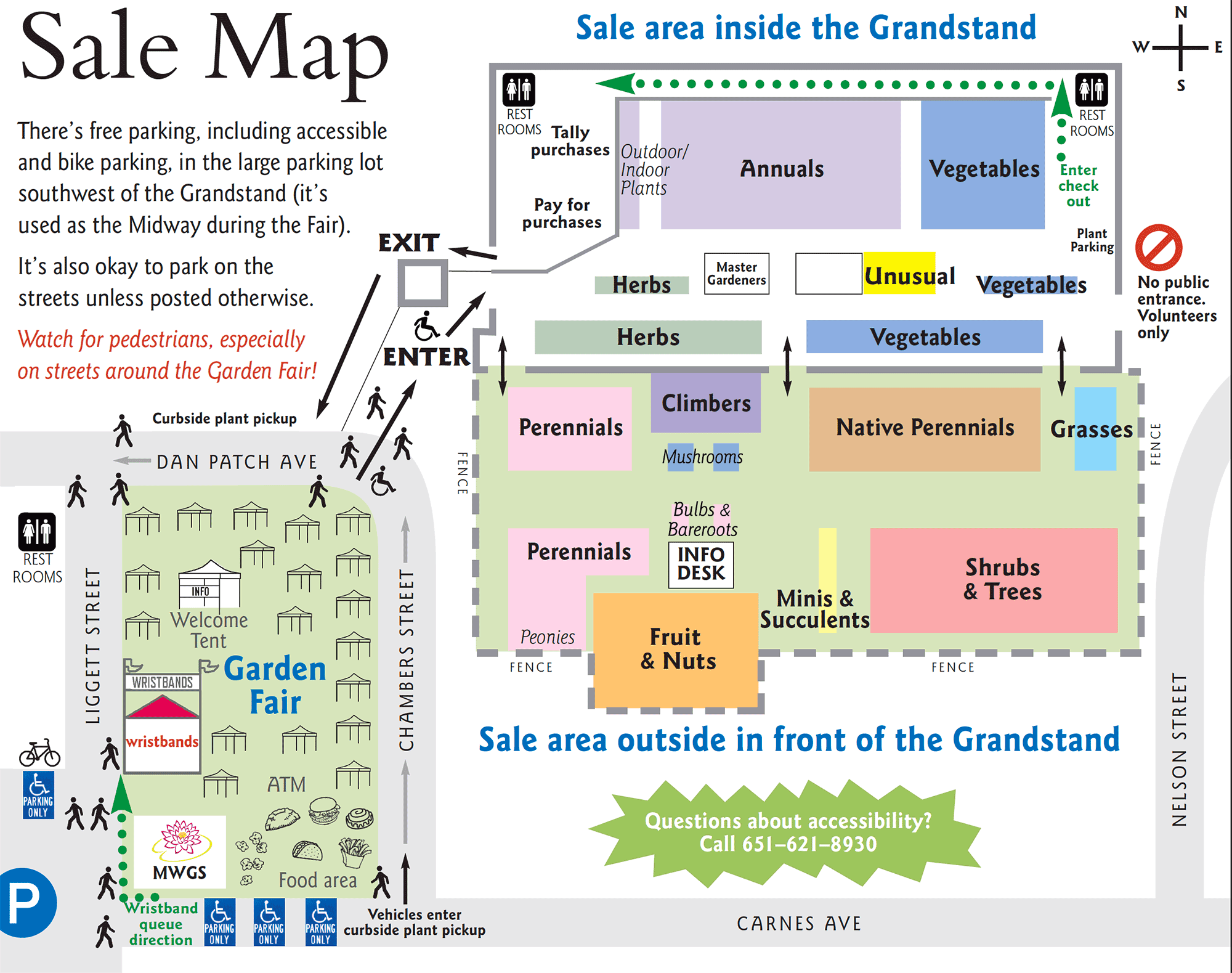 Map showing the arrangement of Friends School Plant Sale building and grounds 2023