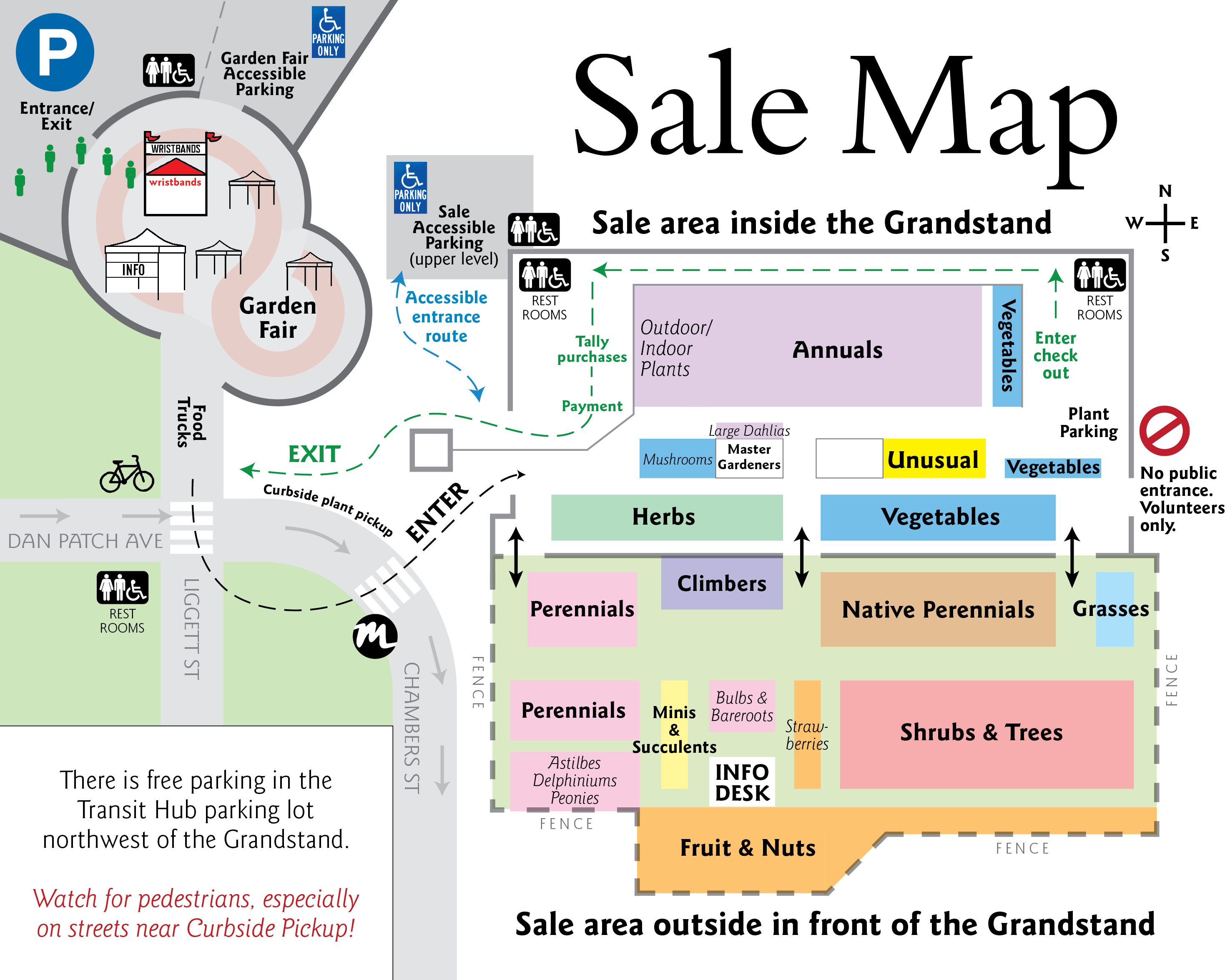 Map of the Friends School Plant Sale and Garden Fair, including parking lot locations and routes for entry and exit.