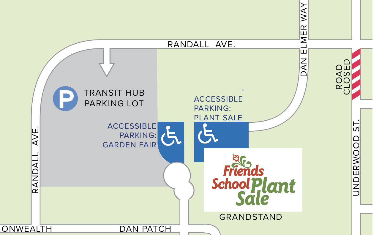 Close up of area map showing the two locations of accessible parking: One by the Garden Fair in the Transit Hub Lot, and one behind the Grandstand, closer to the entrance to the sale.