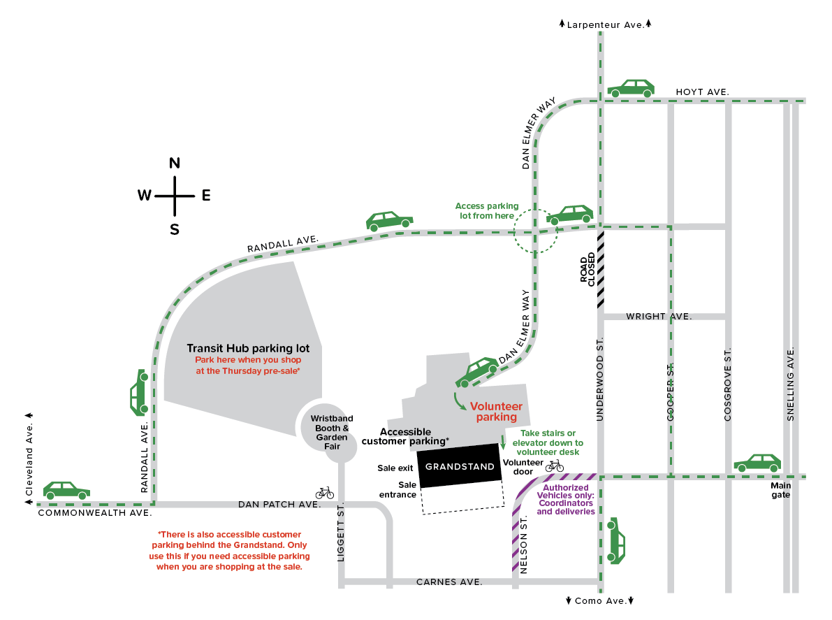 Map of the location of volunteer parking behind the Grandstand, and best driving pathways to access it.