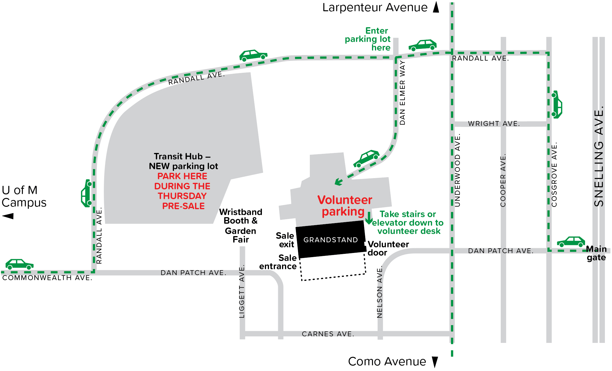 Map showing driving directions to the volunteer parking lot