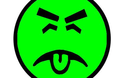 Mr Yuk sticker, green circle face with tongue sticking out
