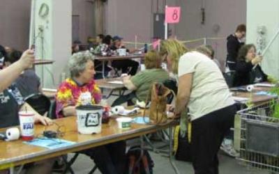 People sitting at a table helping other people check out