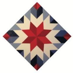 A painted barn quilt in blue red and white