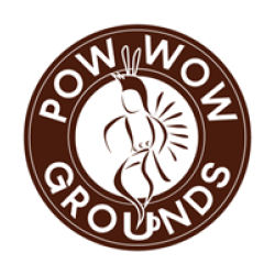 Pow Wow Grounds logo, dark circle with loosely drawn dancing figure at center