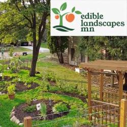 Food-oriented garden with wooden pergola. Edible Landscapes logo overlaid