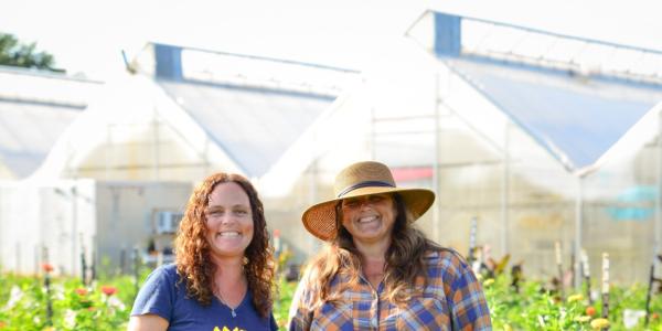Two women in a field of flowers with greenhouses in the background