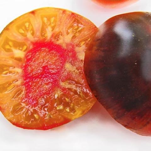 Lucid Gem tomato, almost black skin, orange red inside