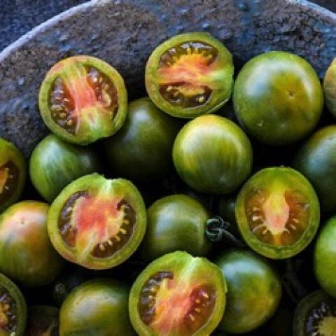 Evil Olive tomatoes, dark green large cherries, insides some orange 